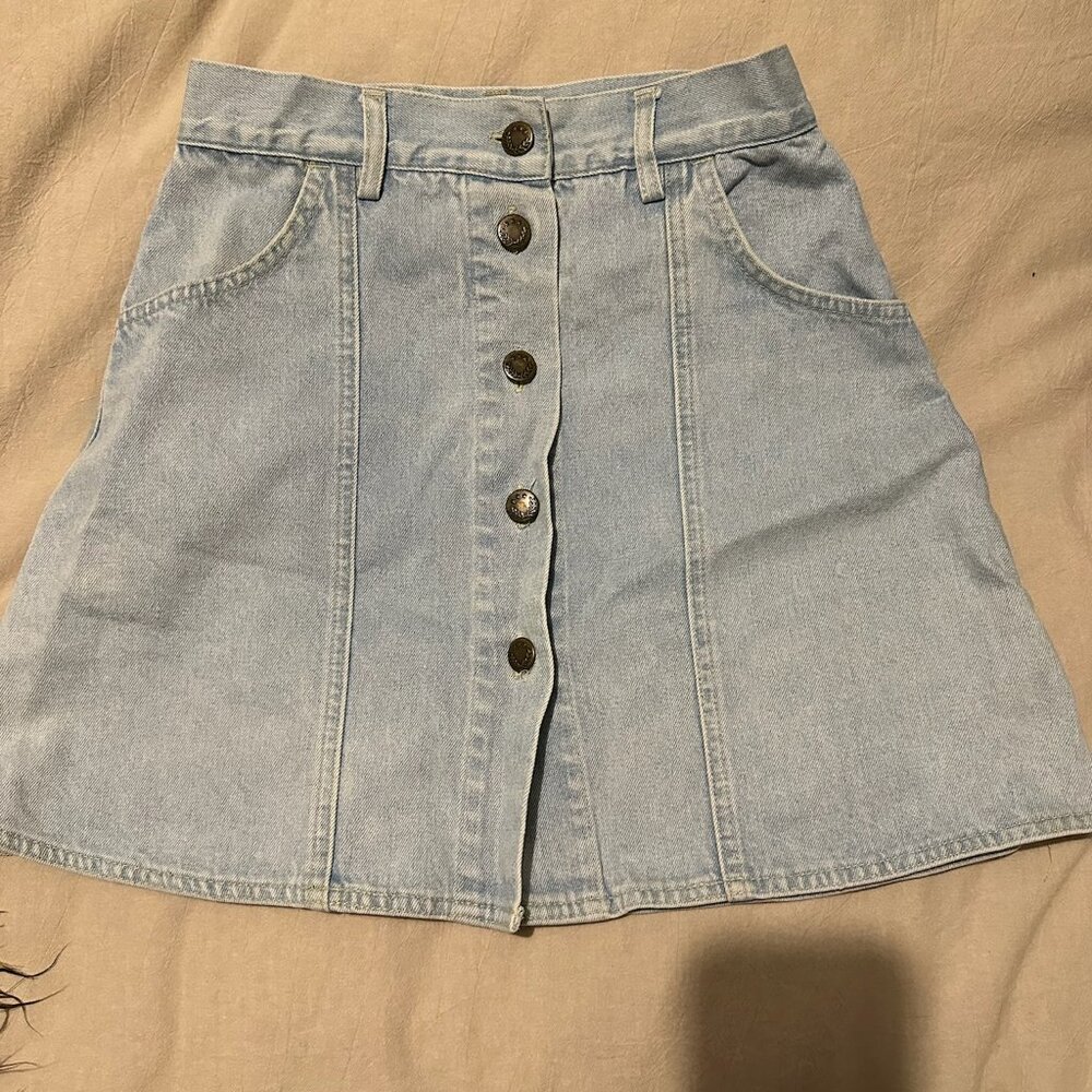 Light wash Denim womens skirt with front buttons and pockets